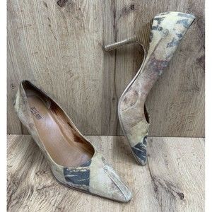 Pelle Moda Womens Leather Heels Artsy Pointy Toe Stiletto Painted Canvas Size 10